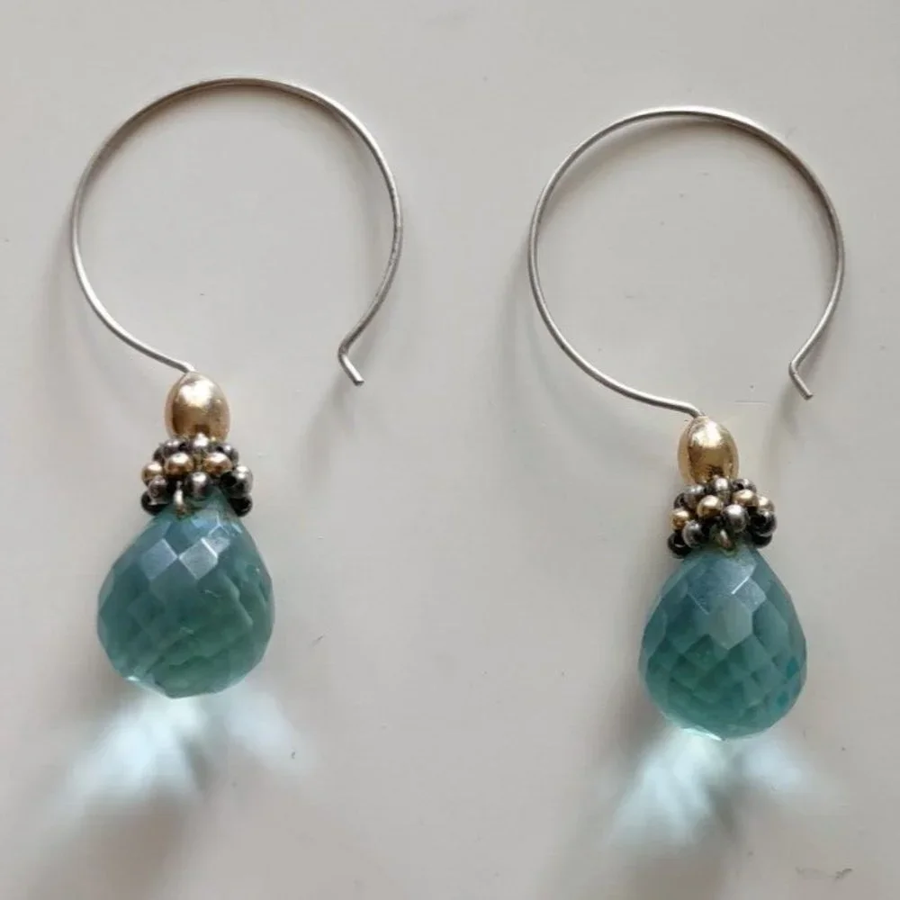 Teardrop Cut Aqua Glass Silver Hoop Dangle Earrings Approximately 2" tall - Picture 7 of 7
